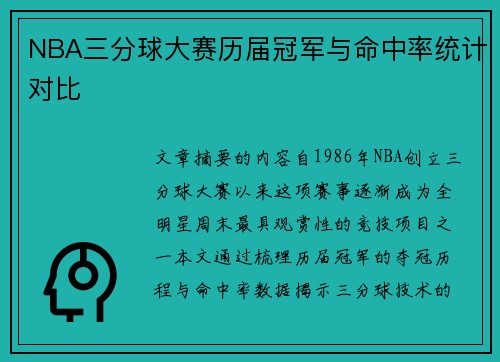 NBA三分球大赛历届冠军与命中率统计对比